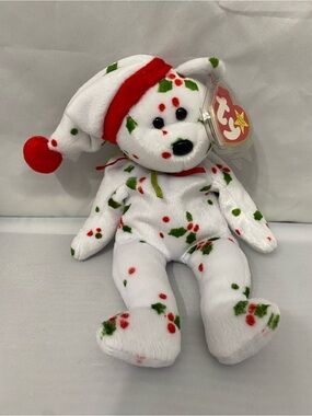 Ty Holiday Holly Bear Plush - White with Red & Green Accents